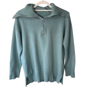 Blue Zip-Up Sweater Size M Cozy Stretchy Knit Pullover Minimalist Casual